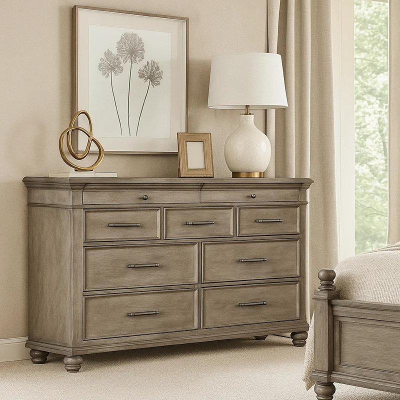 Commode large Zea, 9 tiroirs avec poignée chromée, pieds en oignon, chêne vieilli brun