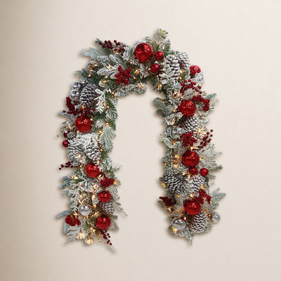 6 ft Pre-Lit Flocked Artificial Christmas Garland with Red and Silver Ornaments