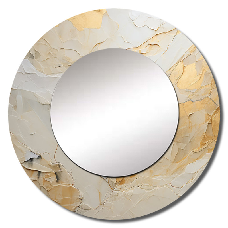 Beige et or, pierre de glacier Simplicity II - formes abstraites, décor de miroir mural, grand miroir rond moderne, impression d'art en métal