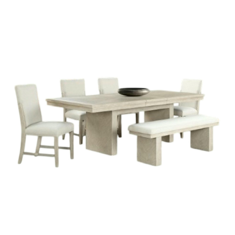 Ensemble de salle à manger 7 pièces Hagy, table extensible, 6 chaises blanches, beige naturel
