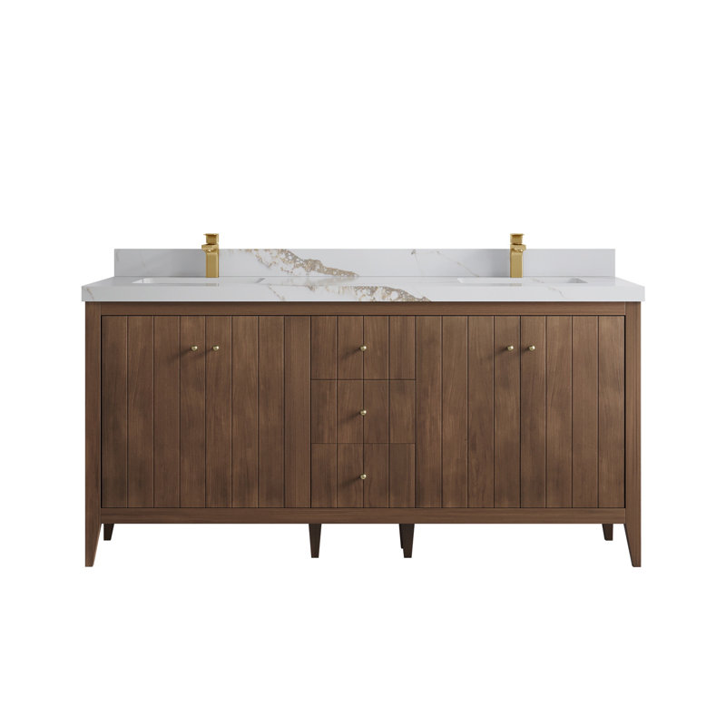 Meuble-lavabo double 72 po avec plateau en quartz Atlanta, Or Calacatta