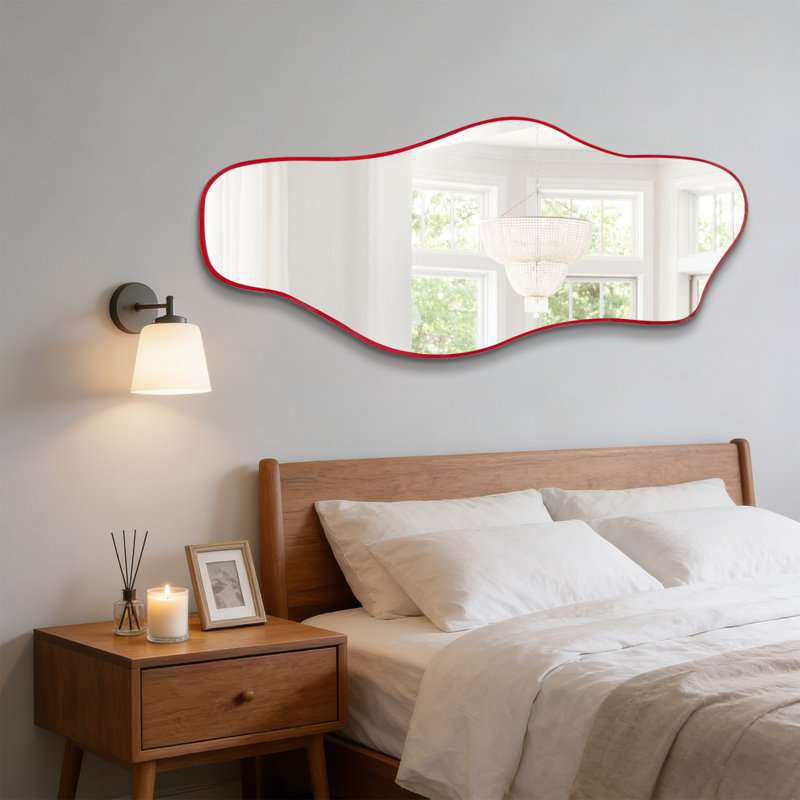 Miroir mural asymétrique moderne, miroir décoratif irrégulier sans cadre, 60 po x 24 po, 60"x24", Red