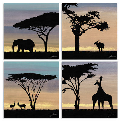 Ensemble de 4 impressions sur plaques murales afrique safari avec silhouettes d’animaux