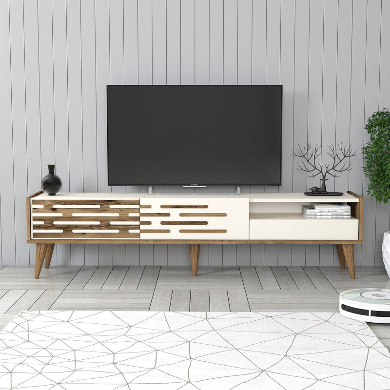 Meuble télé moderne avec tablettes, noyer et crème, 70,9 po x 13,8 po x 27,6 po | 100% panneau de particules enduit de mélamine, épaisseur: 0,7 pouce | Design scandinave élégant, poignées et pieds en plastique, grand espace de rangement