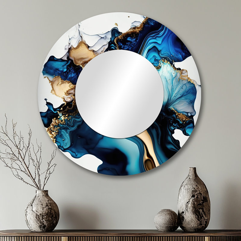 Palozie Abstract Marble Geode Blue II - Marble Wall Mirror, Blue Round Decorative Mirror, Printed Metal Art, 29" x 29"
