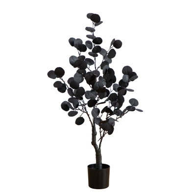 3 pi. Arbre d'eucalyptus artificiel pré-éclairé noir avec 80 lumières DEL orange et mauves