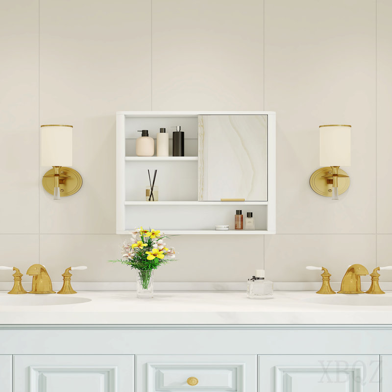 Armoire de salle de bain moderne avec miroir, armoire de rangement murale avec tablettes ouvertes, armoire à pharmacie imperméable avec décor doré, organisateur de meuble-lavabo peu encombrant pour salle de bain, blanc