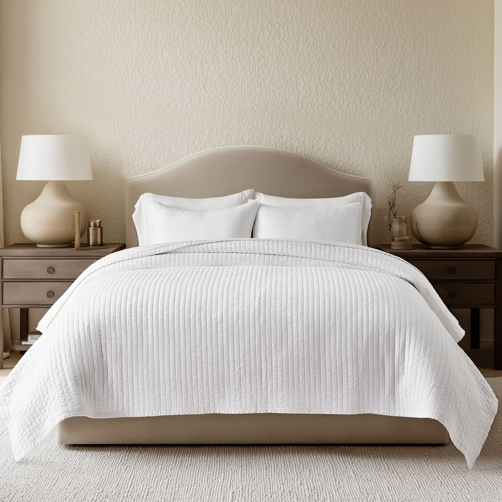 Cotton Sateen Quilt Set, Queen Quilt + 2 Queen Shams, Bright White