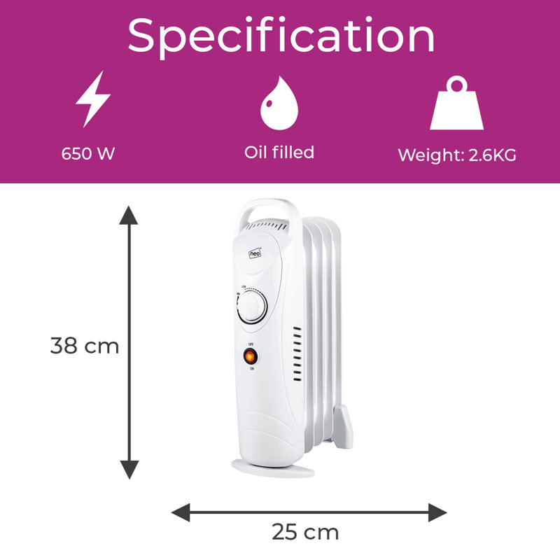 NeoDirect 650W 2217 BTU Electric Radiator Space Heater with Adjustable Thermostat, White