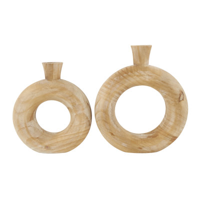 Wood Circular Decorative Brown Vase with Cutout Center Set