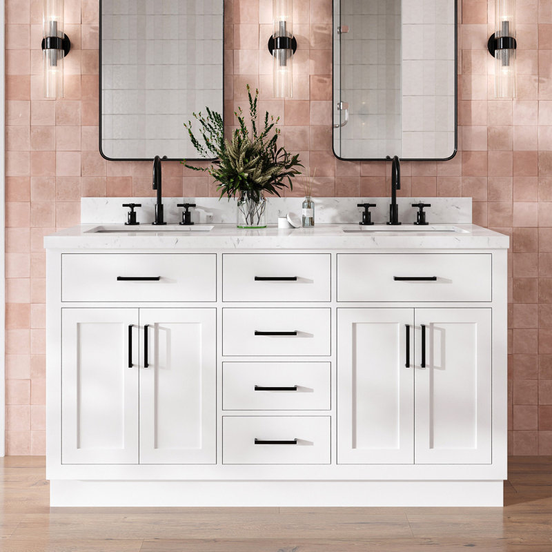 Thornaby  Solid Wood Double Bathroom Vanity with 1.5'' Carrara Quartz Top, White / Matte Black, Rectangular