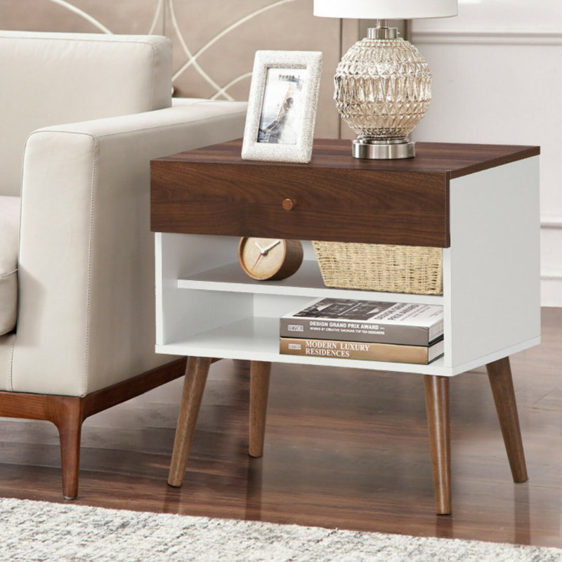 Table de chevet Mid-Century avec tiroir et pieds en bois d'hévéa
