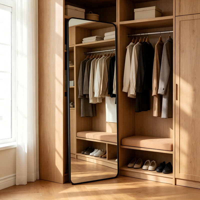 Black-Framed, Rounded-Corner Rectangular Floor Mirror, 56" X 21", Full-Length Design, Suitable For Home Décor.