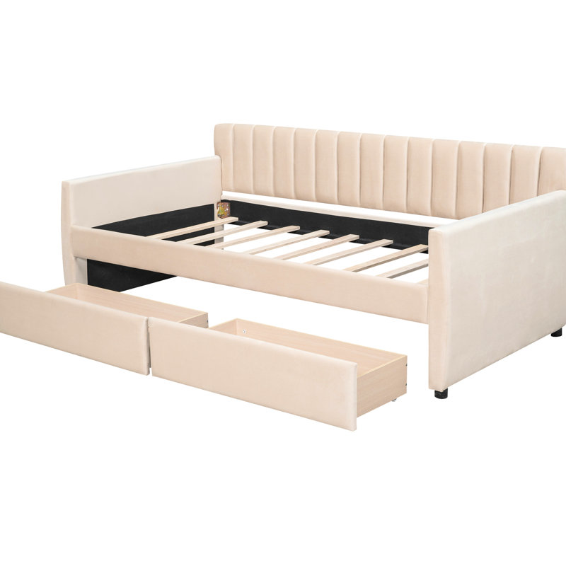 Lit de jour simple beige avec espace pratique et tiroirs de rangement, Beige