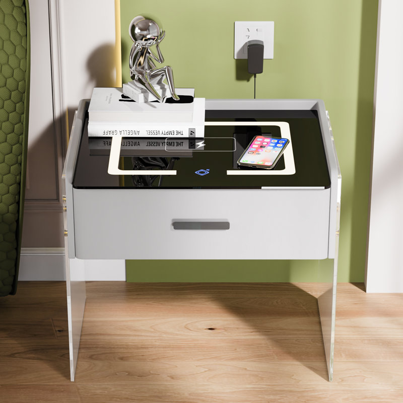 Cyani 1 - Drawer Nightstand with Wireless Charging, LED Lights, Bluetooth Player & Sensor Light, Dark Grey