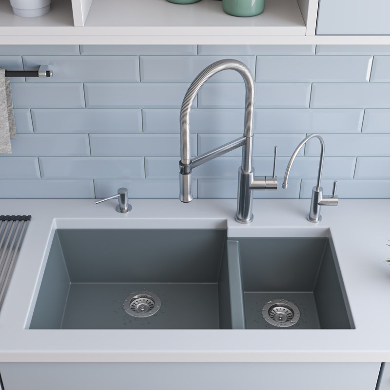 33.88'' L Double Bowl Granite Kitchen Sink, Titanium