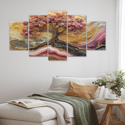 Arbre de vie infini en marbre rose et doré III - art mural arbre de vie - ensemble d'art mural traditionnel 5 pièces