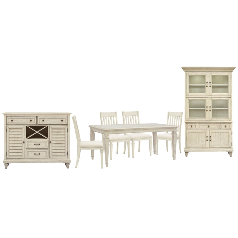 Extendable Rectangular Dining Table With 4 Side Chairs Server And Dining Cabinet, 7 Pcs: Table, 4 Chairs, Server, Cabinet