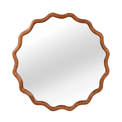 Yellowish Brown Wavy Round Solid Wood Frame Decorative Mirror