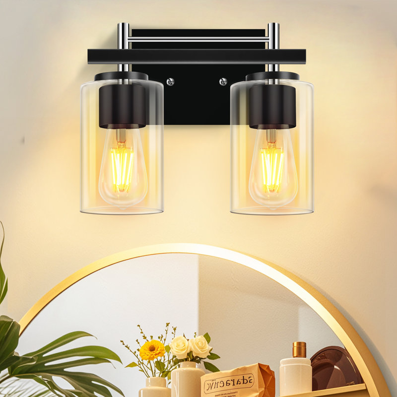 Luminaires de salle de bain: lampe de salle de bain 2 lumières sur miroir avec abat-jour en verre transparent, lampe murale pour miroir