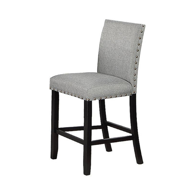 Ensemble de 2 chaises à hauteur de comptoir 24 pouces Sie, garniture cloutée, tissu gris, bois noir