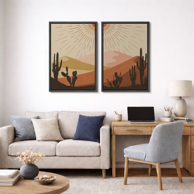 «Cactus Desert Brown Sun Rays Southwest Landscape», reproduction d'art sur toile encadrée 2 pièces, Noir