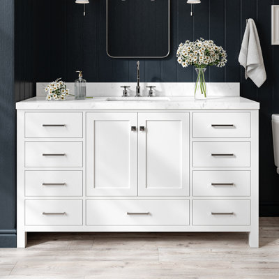 Cambridge 60'' Solid Wood Single Bathroom Vanity in White, with 1.5'' Carrara White Quartz Top, Center, Rectangle Sink