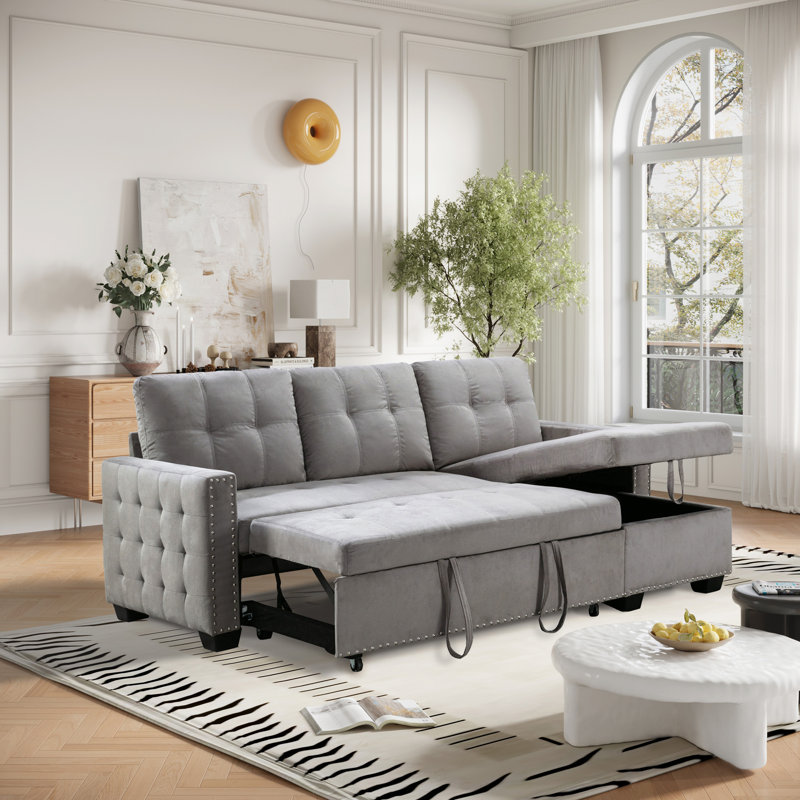 77 Inch Reversible Sectional Storage Sleeper Sofa Bed, Light Gray Fabric