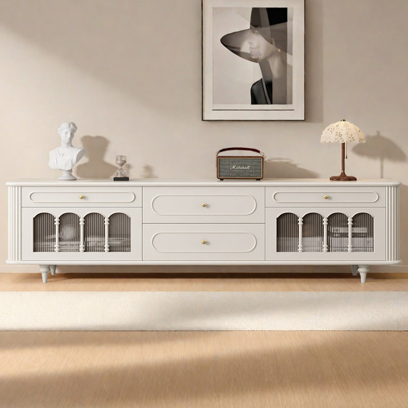 Meuble télé style rétro en buis français, Crème, crème, H 27,95 po x L 86,61 po x l 15,75 po