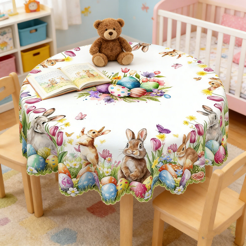 Easter Tablecloth Dreamy Eggs and Tulips Design Round Washable Table Cover Perfect for Indoor Dining and Family Party Decorations