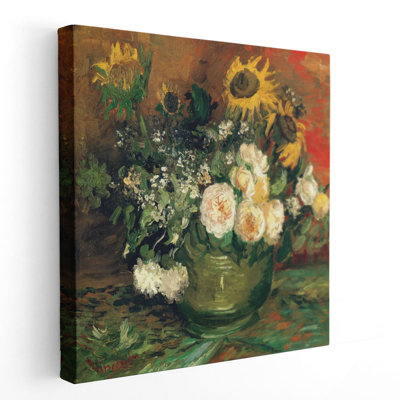 Bol avec tournesols roses et autres fleurs, 1886 - reproduction d'art sur toile
