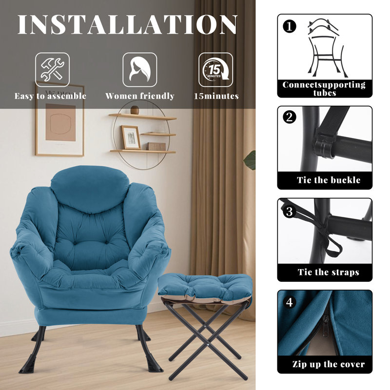 Upholstered Armchair with Footstool, Blue