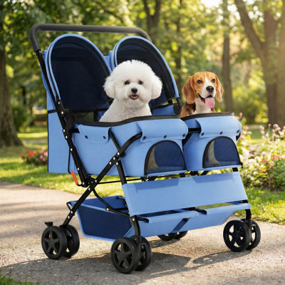 Poussette double pour animal de compagnie, chariot de voyage pliable pour chien à 4 roues avec transporteur 2 places, auvent réglable, panier de rangement