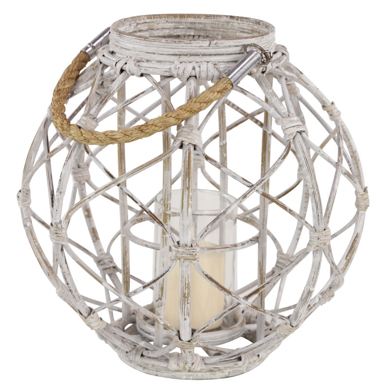 Lanterne ronde en rotin tissé rustique, H 15 po x l 15 po x P 15 po, Blanc