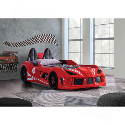 Finition rouge lit simple voiture de course de conception de style moderne de fantaisie attaché à deux portes magnétiques avec lumières DEL sur roues, revêtement inférieur et côtés