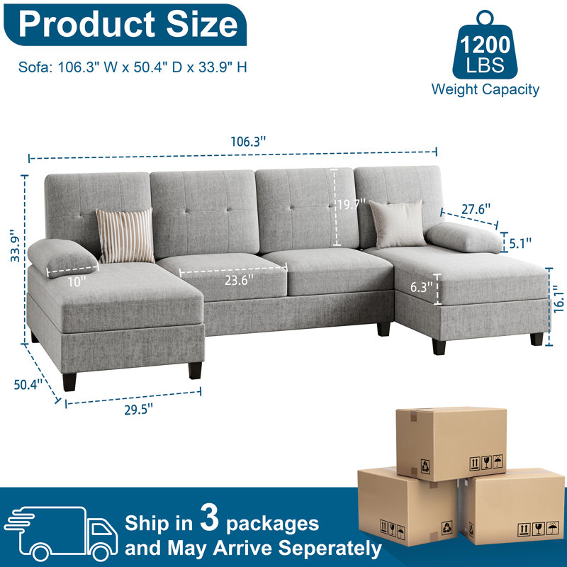 3-Piece Modular Upholstered Sectional Couch, Dark Gray Cotton Blend