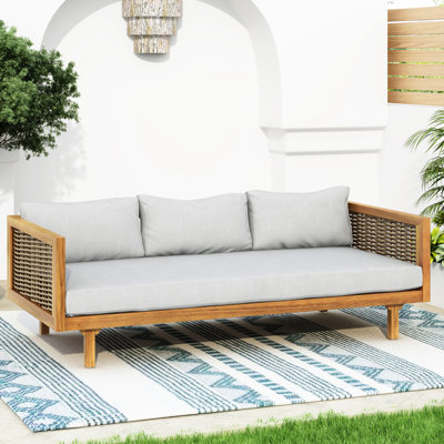 Lit de jour à accoudoirs, fabriqué en bois, coussins gris d'eau, siège d'extérieur à panneaux de lattes, l 65,7 x P 32,66 x H 24,79 po, lit de jour requis pour l'assemblage, fabriqué en bois, coin salon, X