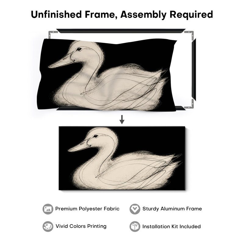 Très grande reproduction d'art sur toile - cygne noir minimaliste sur fond crème pour le salon ou la chambre à coucher - «Assemblage requis du cadre (cadre non fini)»