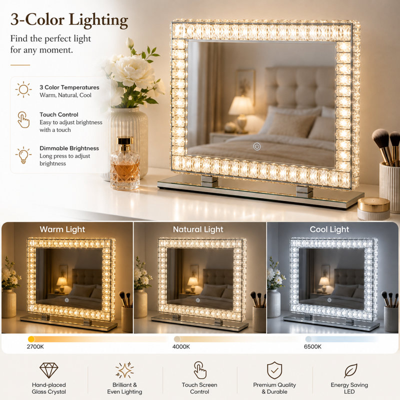 Miroir de maquillage lumineux en cristal avec éclairage 3 couleurs, commande tactile, à poser ou à fixer au mur