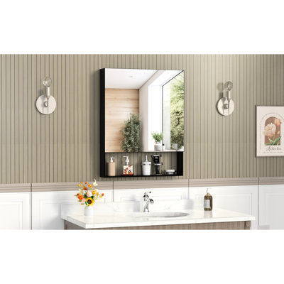 Armoire à pharmacie murale 24 po x 30 po en aluminium noir avec miroir et rangement réglable à 3 couches pour articles de toilette, alliage, noir, tablettes Essentials