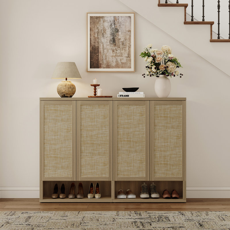 Consiglia Boho Rattan Storage Shoe Cabinet With Adjustable Shelves, Amber Oak, 1