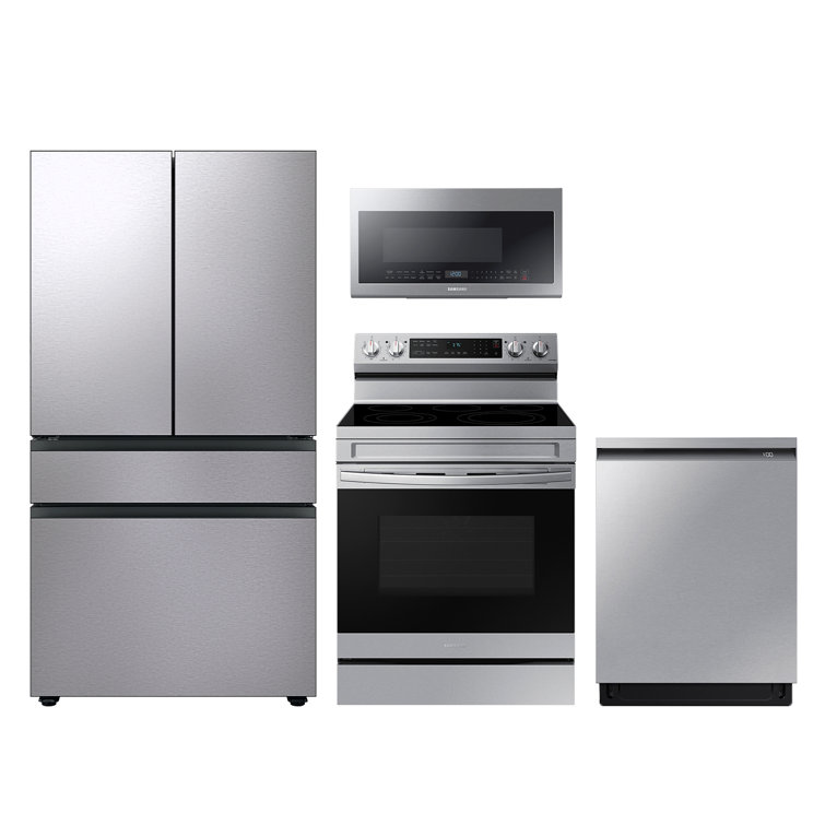 Samsung 4 Piece Kitchen Appliance Package with French Door Refrigerator, OTR Microwave, Electric Range, and Dishwasher