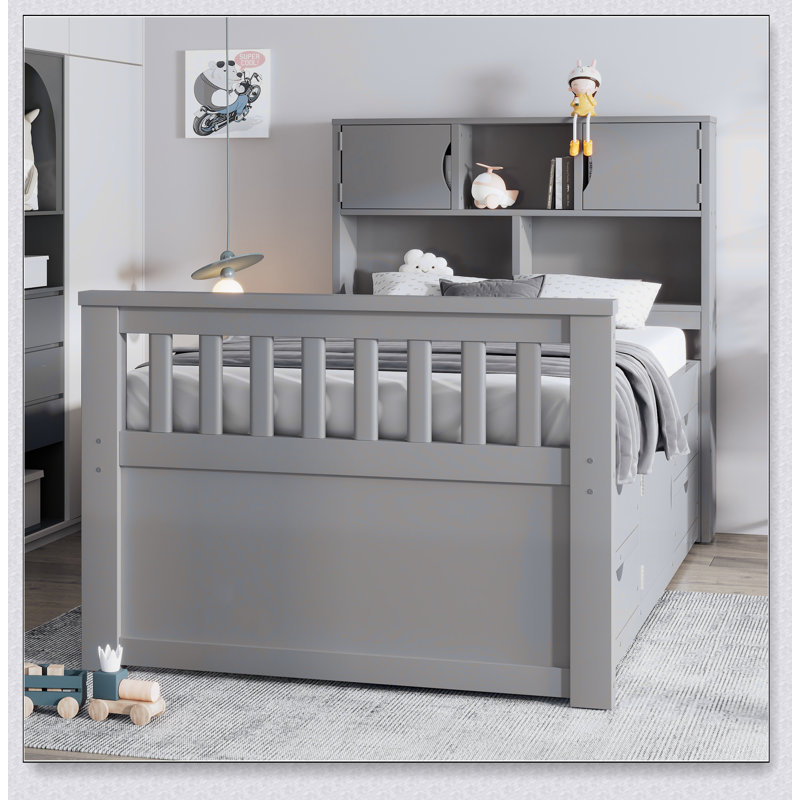 Captain Platform Bed Frame With Storage Bookcases And Shelves,Four Drawers, Gray