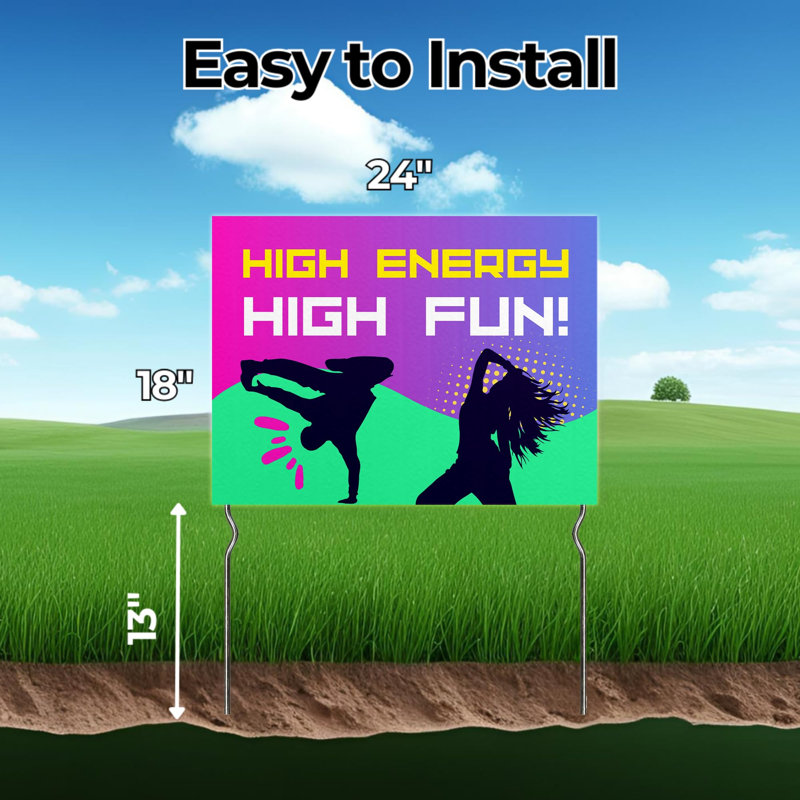 High Energy, High Fun! Yard Sign by DC | 24"x18" Double Sided Dance/Zumba Garden Sign with 13” Metal Stakes | Outdoor Signs Waterproof for Lawn, Patio, Sidewalk & House | Set of 5 | Made in USA