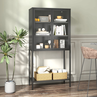 Armoire de rangement 59 po en métal robuste, bahuts et buffet, armoire de présentation avec portes en verre et 2 tablettes réglables, bibliothèque haute bibliothèque moderne pour bureau à domicile, salon