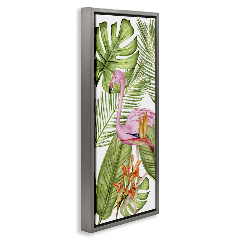 Plantes tropicales et flamant rose, Cadre flottant gris lustré, H 31 po x l 15 po