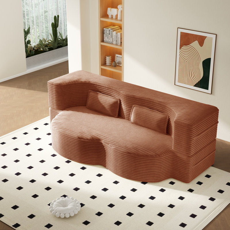 Evren Boneless Modern Minimalist Compression Convertible Floor Sofa Bed with Pillows, Corduroy Orange
