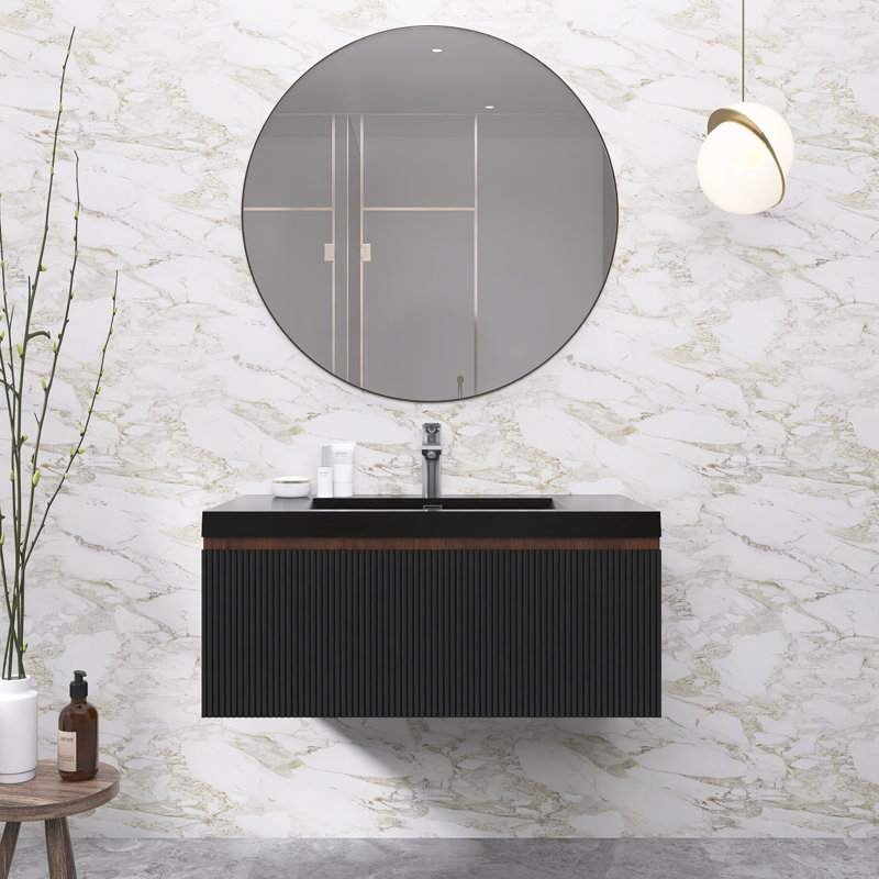 Meuble-lavabo moderne à rayures avec lavabo simple, 35"