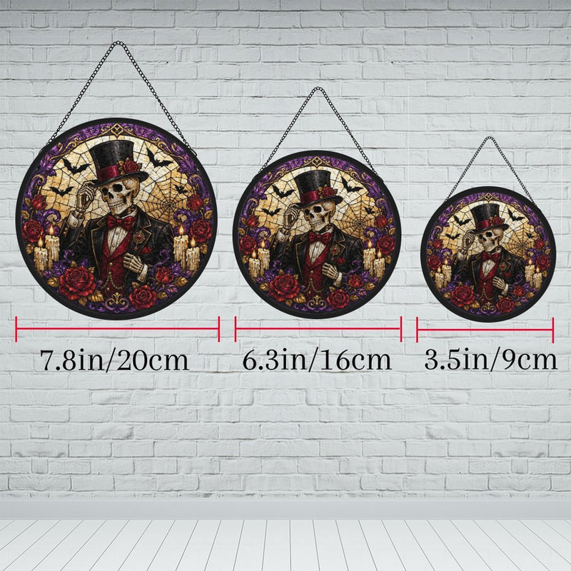 Squelette dans un chapeau haut de forme_1 Vitrail pour fenêtre, 9,8 x 9,8 po (25 x 25 cm)
