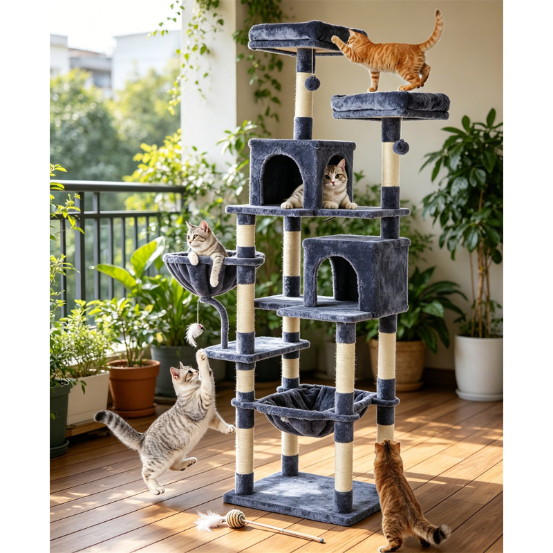 Tour à chat 71 po avec condo, poteaux à griffer, hamac et panier pour chats d'intérieur 71 po, Gris foncé